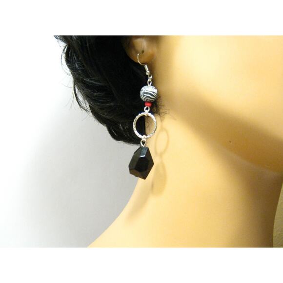 Set of Handcrafted Earrings Black Crystal drops Hoops w/ Gemstone Accents 2 inch - Picture 5 of 8